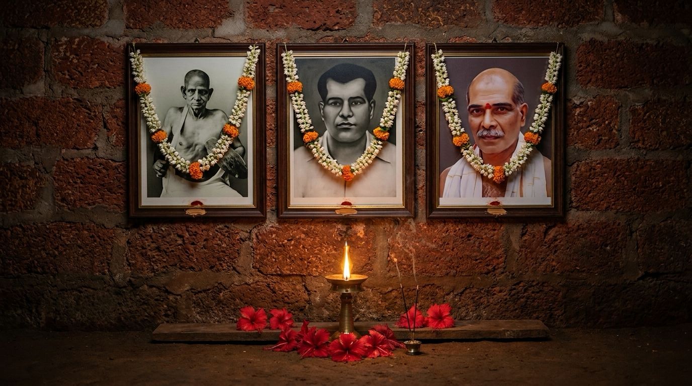 Framed portraits of the Gurus, garlanded with flowers and lit with an oil lamp